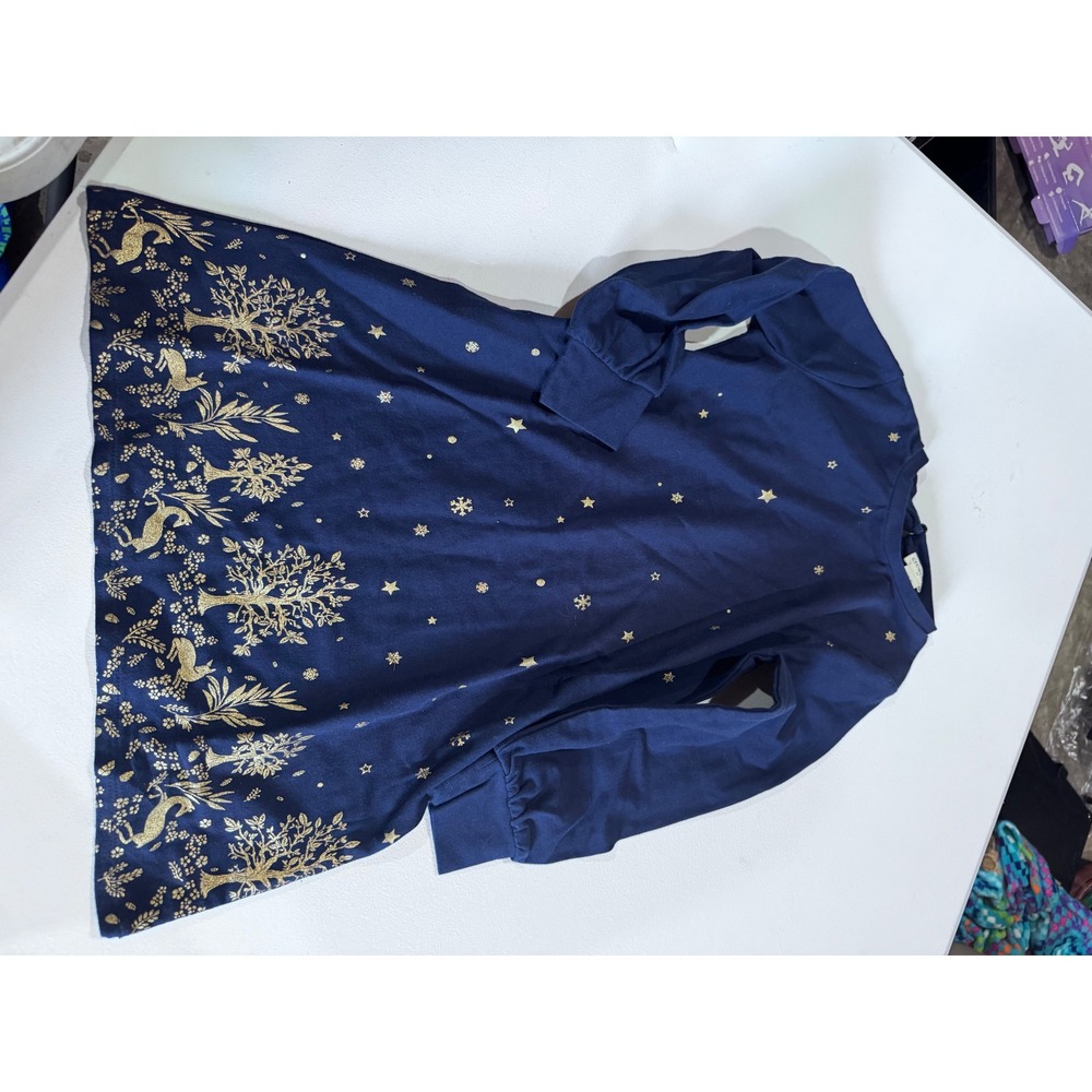 Crewcuts Girls Navy Blue Gold Metallic Forest Deer Holiday Dress Size S 6-7